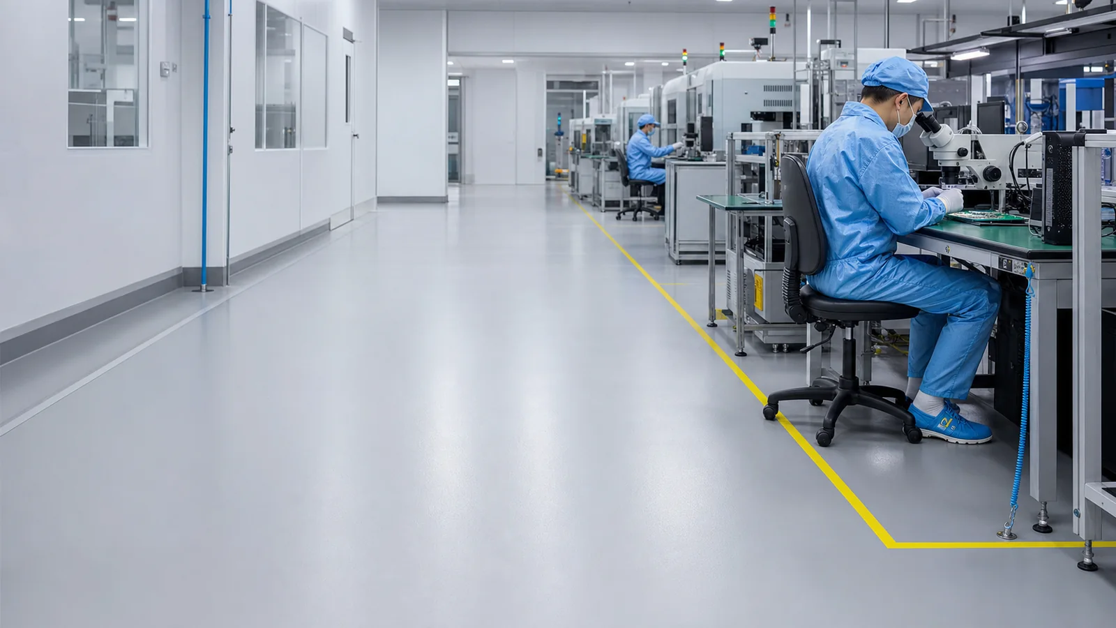Visualisasi ruang produksi elektronik dengan lantai ESD seamless