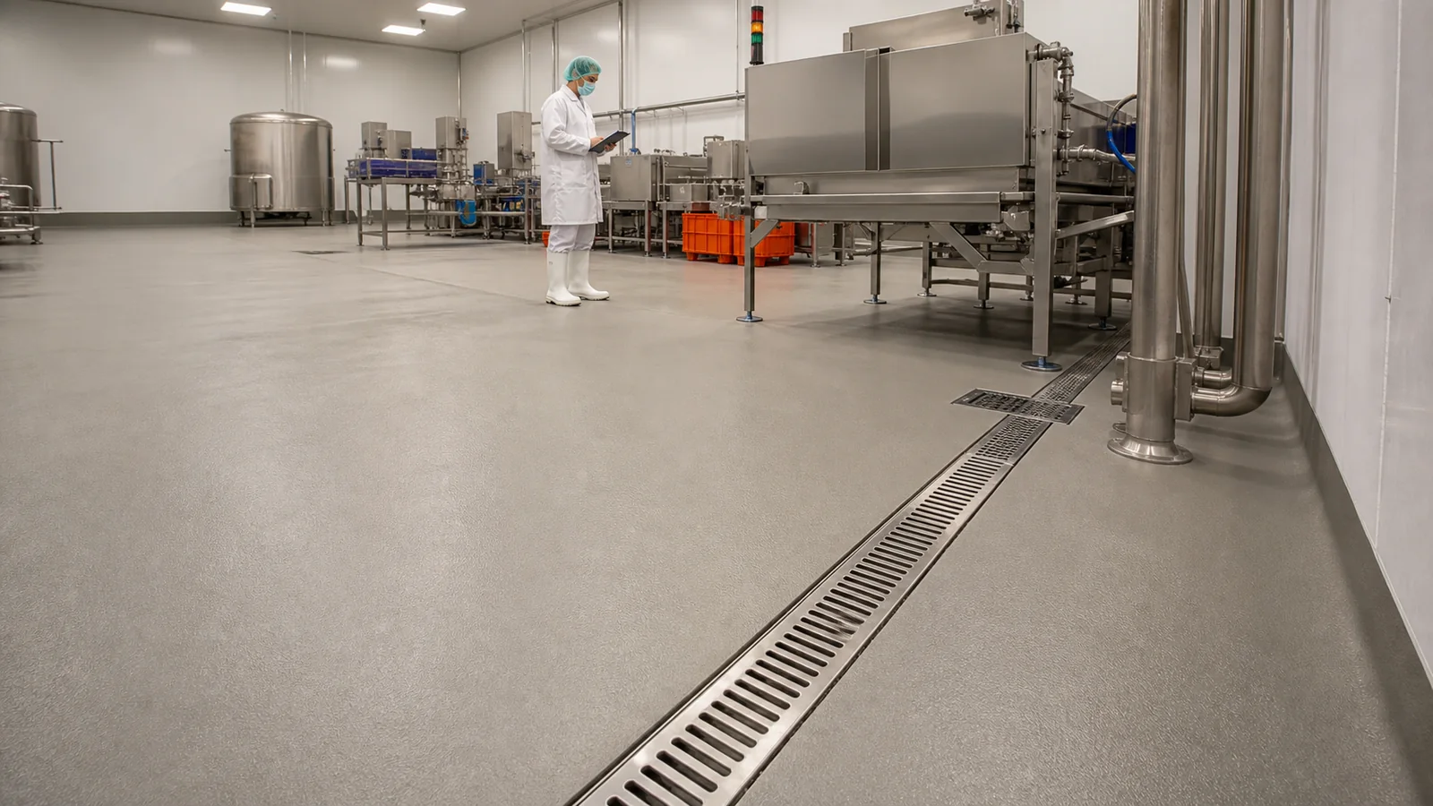 Visualisasi fasilitas pengolahan makanan dengan lantai PU Concrete dan trench drain