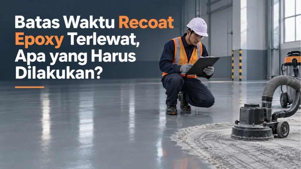 Teknisi memeriksa lantai dengan clipboard, mesin persiapan permukaan dan vacuum di area coating, dengan judul tentang batas waktu recoat epoxy terlewat.