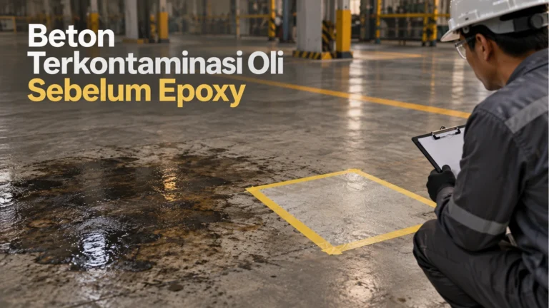 Petugas berhelm memeriksa lantai bernoda oli dan petak percobaan berpembatas kuning, dengan judul Beton Terkontaminasi Oli Sebelum Epoxy.