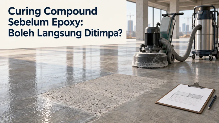 Mesin gerinda dan vacuum industri di lantai beton dengan petak permukaan terbuka, disertai judul tentang curing compound sebelum epoxy.