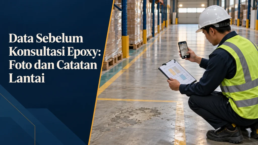Ilustrasi petugas mendokumentasikan lantai gudang dengan ponsel dan denah zona, dengan judul Data Sebelum Konsultasi Epoxy: Foto dan Catatan Lantai.