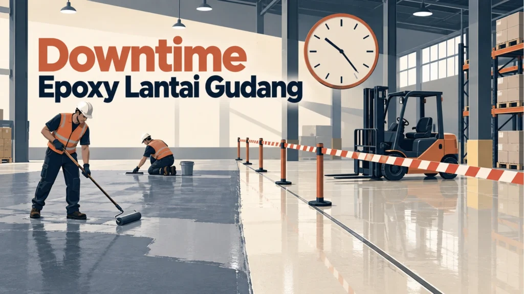 Pekerja melapisi lantai gudang dengan forklift menunggu di balik pembatas, jam besar, dan judul Downtime Epoxy Lantai Gudang.