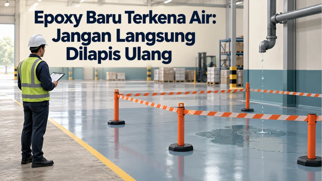 Petugas berhelm membawa papan catatan di tepi lantai gudang, dengan pipa menetes dan genangan di dalam pembatas oranye serta judul Epoxy Baru Terkena Air: Jangan Langsung Dilapis Ulang.