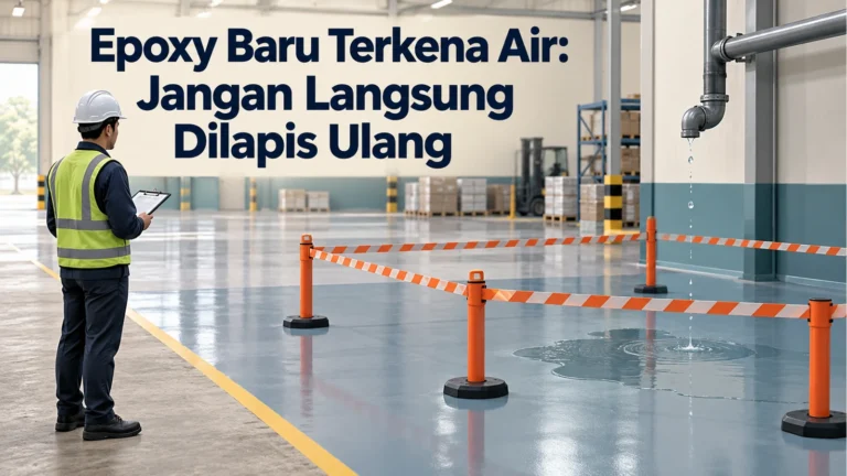 Petugas berhelm membawa papan catatan di tepi lantai gudang, dengan pipa menetes dan genangan di dalam pembatas oranye serta judul Epoxy Baru Terkena Air: Jangan Langsung Dilapis Ulang.