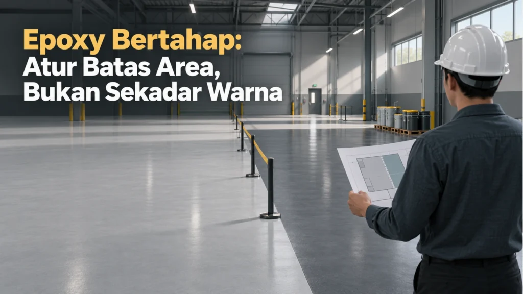 Petugas berhelm memegang denah di depan dua bidang lantai abu-abu yang dibatasi tiang pita, dengan judul Epoxy Bertahap: Atur Batas Area, Bukan Sekadar Warna.