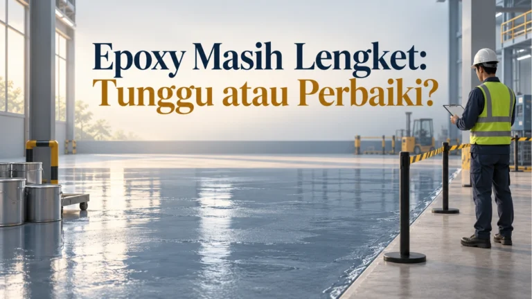 Petugas berhelm memegang tablet di belakang pembatas lantai gudang mengilap, dengan judul Epoxy Masih Lengket: Tunggu atau Perbaiki?