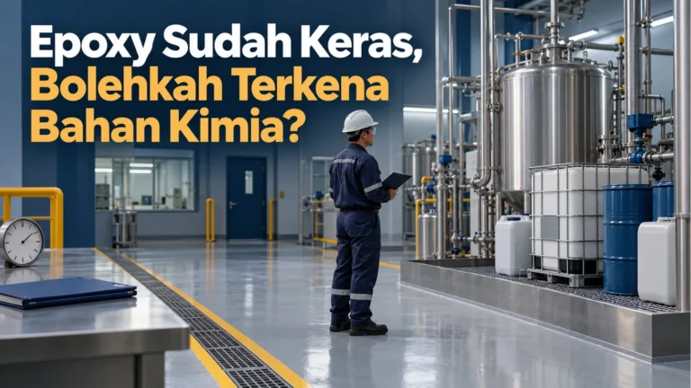 Petugas berhelm memegang papan catatan di area proses dengan tangki baja, wadah tertutup di atas penampung, jam dan map, di bawah judul Epoxy Sudah Keras, Bolehkah Terkena Bahan Kimia?