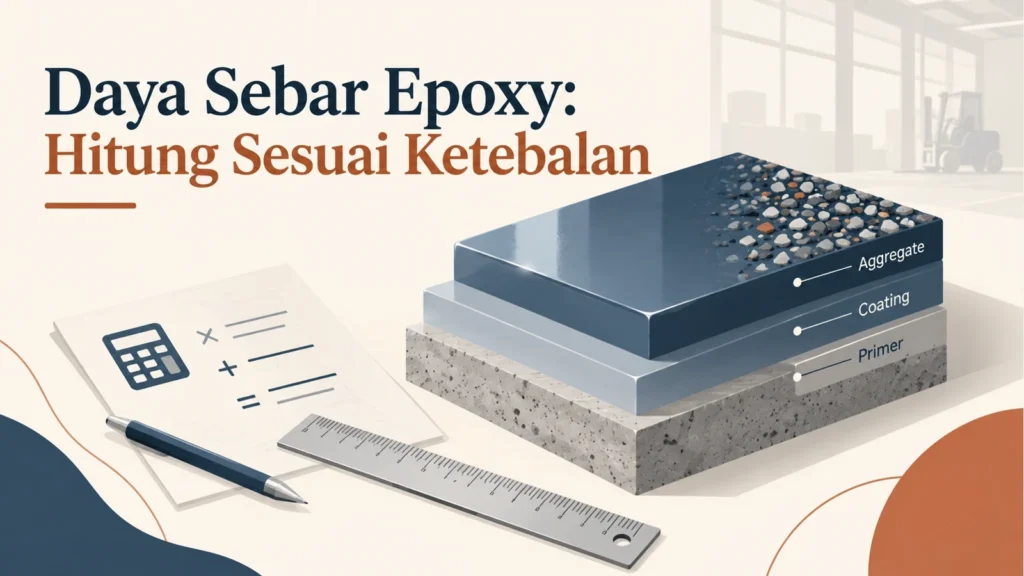 Ilustrasi konseptual lapisan epoxy dan alat hitung kebutuhan bahan berdasarkan ketebalan; bukan detail sistem berskala.