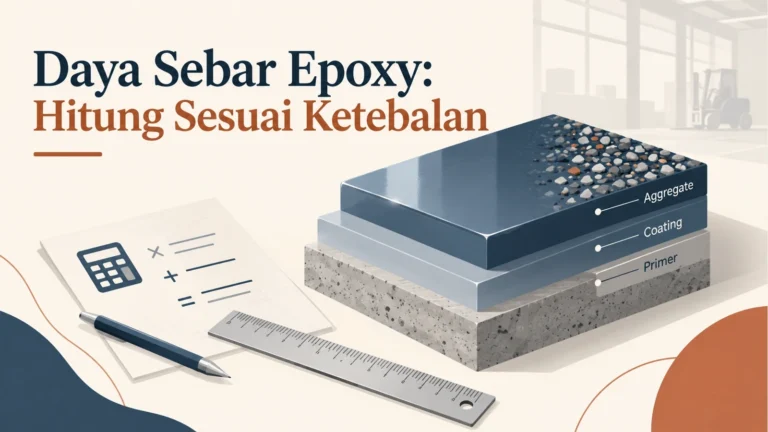 Ilustrasi konseptual lapisan epoxy dan alat hitung kebutuhan bahan berdasarkan ketebalan; bukan detail sistem berskala.
