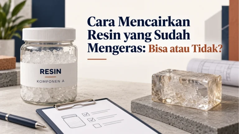 Ilustrasi komponen resin belum dicampur dan sampel epoxy padat untuk membedakan kristalisasi dengan curing.