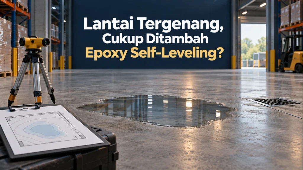 Genangan di lantai gudang dekat drainase, alat survei dan sketsa kontur, dengan judul Lantai Tergenang, Cukup Ditambah Epoxy Self-Leveling?