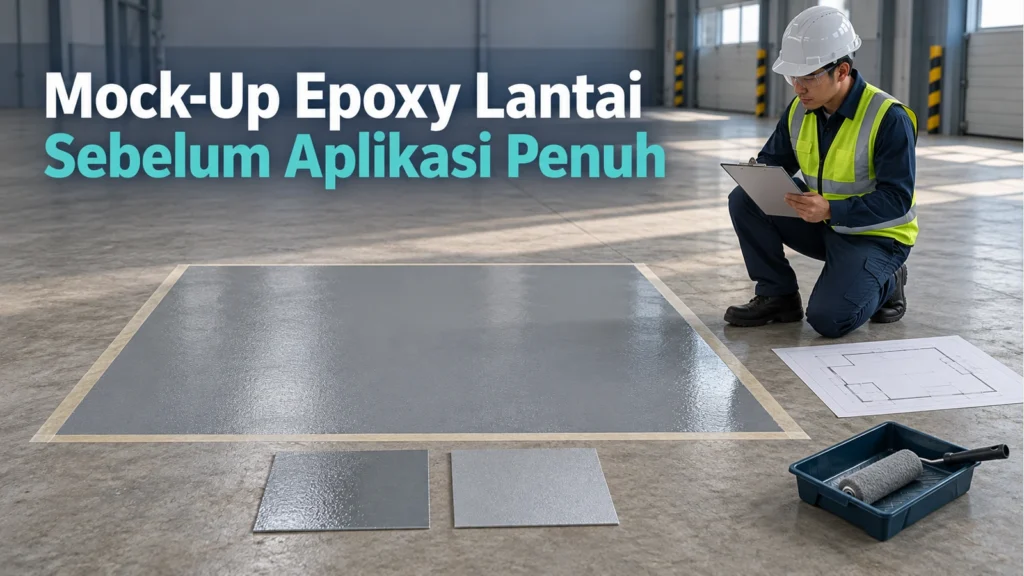 Petak contoh epoxy berpita, dua sampel permukaan dan pengawas dengan clipboard di gudang, disertai judul Mock-Up Epoxy Lantai Sebelum Aplikasi Penuh.