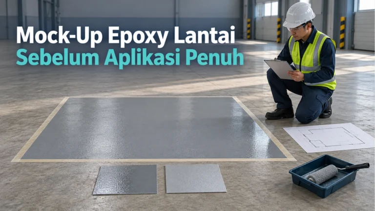 Petak contoh epoxy berpita, dua sampel permukaan dan pengawas dengan clipboard di gudang, disertai judul Mock-Up Epoxy Lantai Sebelum Aplikasi Penuh.
