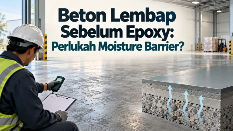 Petugas memegang alat ukur dan papan catatan di gudang, dengan potongan lapisan beton serta panah ke atas; judul Beton Lembap Sebelum Epoxy: Perlukah Moisture Barrier?