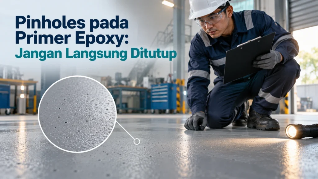 Pengawas memeriksa primer lantai dengan lampu dan pembesaran lubang kecil, disertai judul Pinholes pada Primer Epoxy: Jangan Langsung Ditutup.