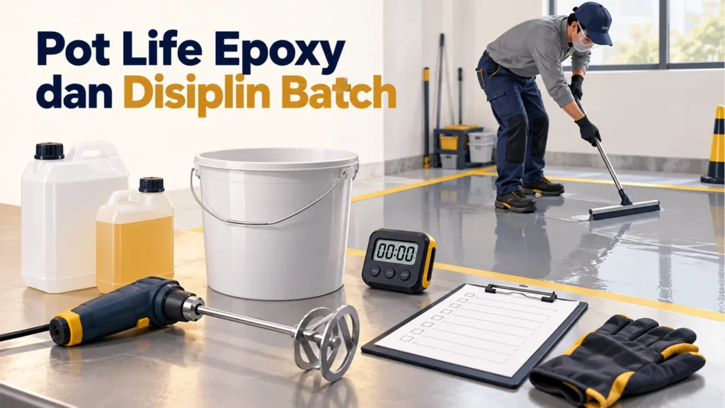 Ember, pengaduk, timer dan lembar pencatatan di depan pekerja ber-APD yang meratakan lantai, dengan judul Pot Life Epoxy dan Disiplin Batch.