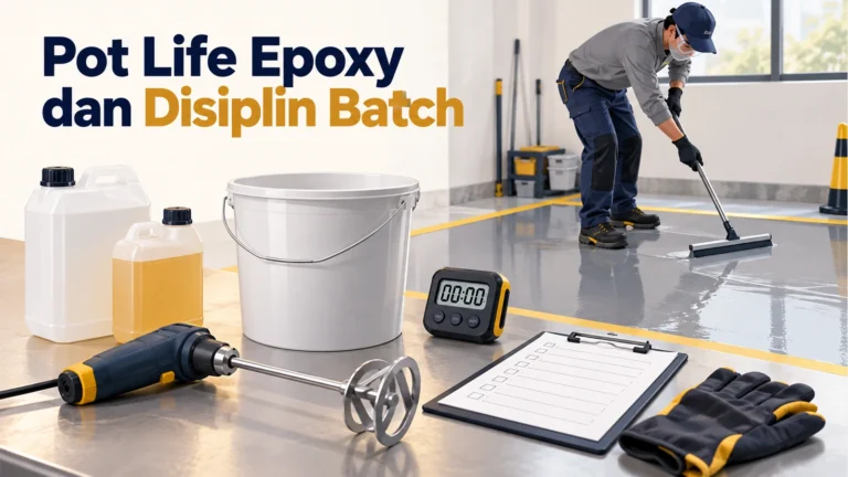 Ember, pengaduk, timer dan lembar pencatatan di depan pekerja ber-APD yang meratakan lantai, dengan judul Pot Life Epoxy dan Disiplin Batch.