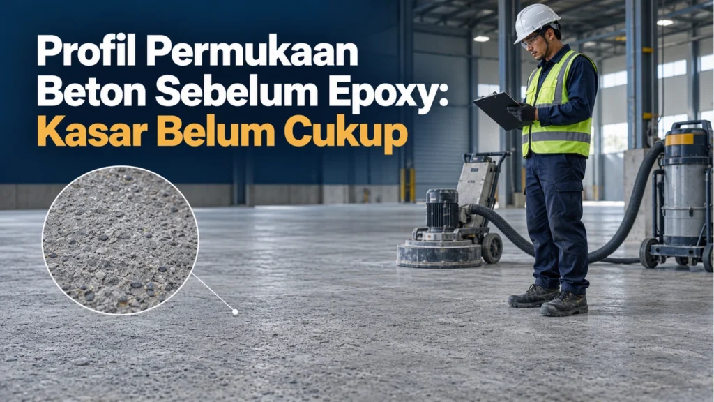 Petugas berhelm dengan papan catatan di dekat mesin gerinda dan vacuum industri pada lantai beton, dengan detail tekstur diperbesar dan judul Profil Permukaan Beton Sebelum Epoxy: Kasar Belum Cukup.