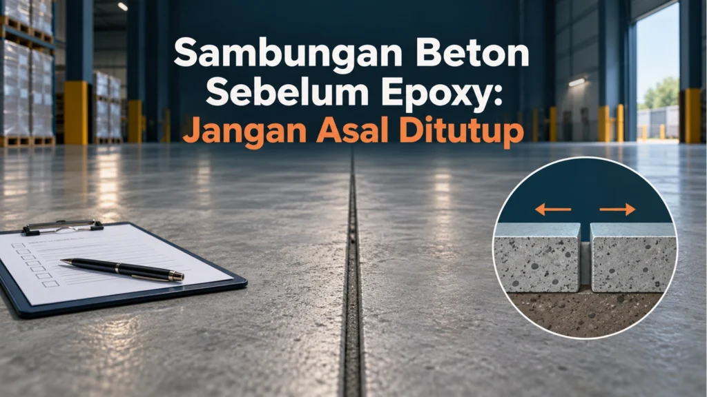 Sambungan lurus di lantai gudang, clipboard inspeksi dan inset pemisahan beton, dengan judul Sambungan Beton Sebelum Epoxy: Jangan Asal Ditutup.