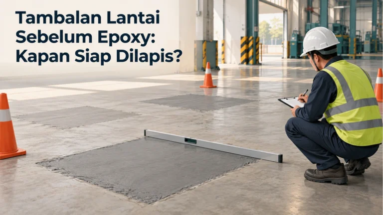 Petugas berhelm memeriksa tambalan persegi pada lantai beton dengan papan catatan dan alat pemeriksa kerataan, di bawah judul Tambalan Lantai Sebelum Epoxy: Kapan Siap Dilapis?