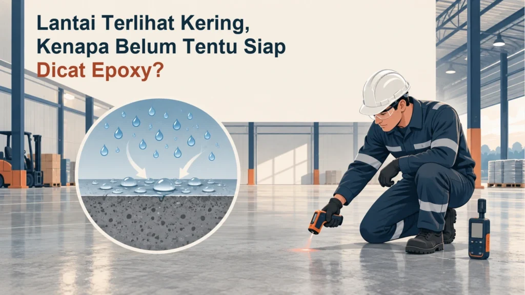Teknisi memeriksa suhu lantai gudang dengan termometer inframerah, di samping diagram kondensasi dan judul Lantai Terlihat Kering, Kenapa Belum Tentu Siap Dicat Epoxy?