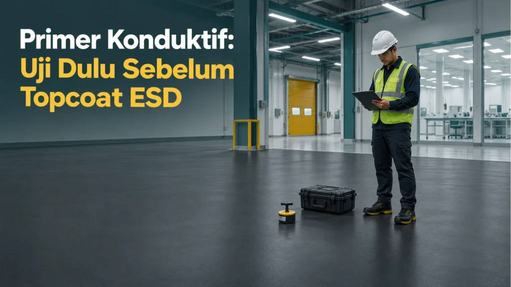 Petugas berhelm dan rompi memeriksa papan catatan di lantai gelap dengan kotak alat dan alat generik, di bawah judul Primer Konduktif: Uji Dulu Sebelum Topcoat ESD.