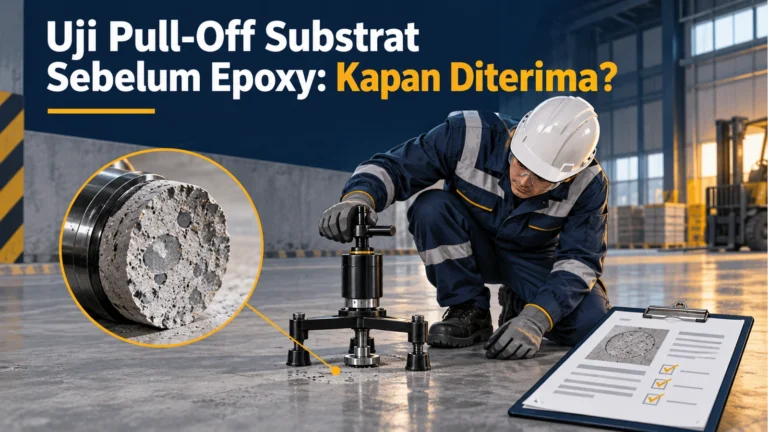 Teknisi menguji tarik permukaan beton dengan alat pull-off, detail patahan beton dan lembar inspeksi di samping judul artikel.