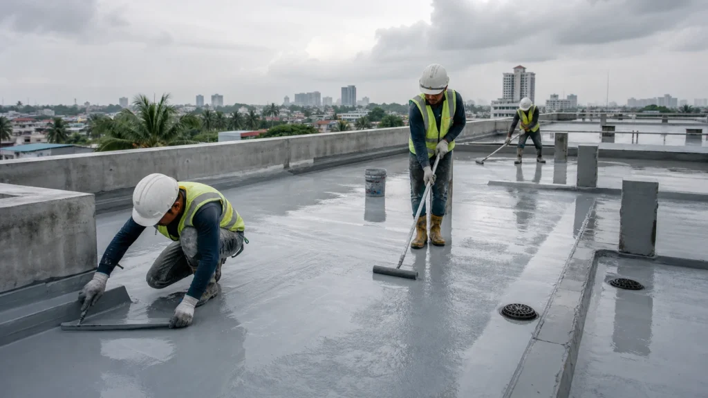 Aplikasi waterproofing pada atap bangunan komersial