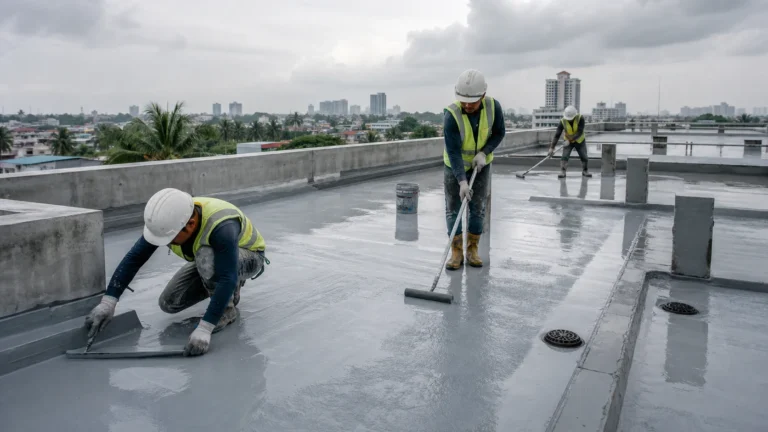 Aplikasi waterproofing pada atap bangunan komersial