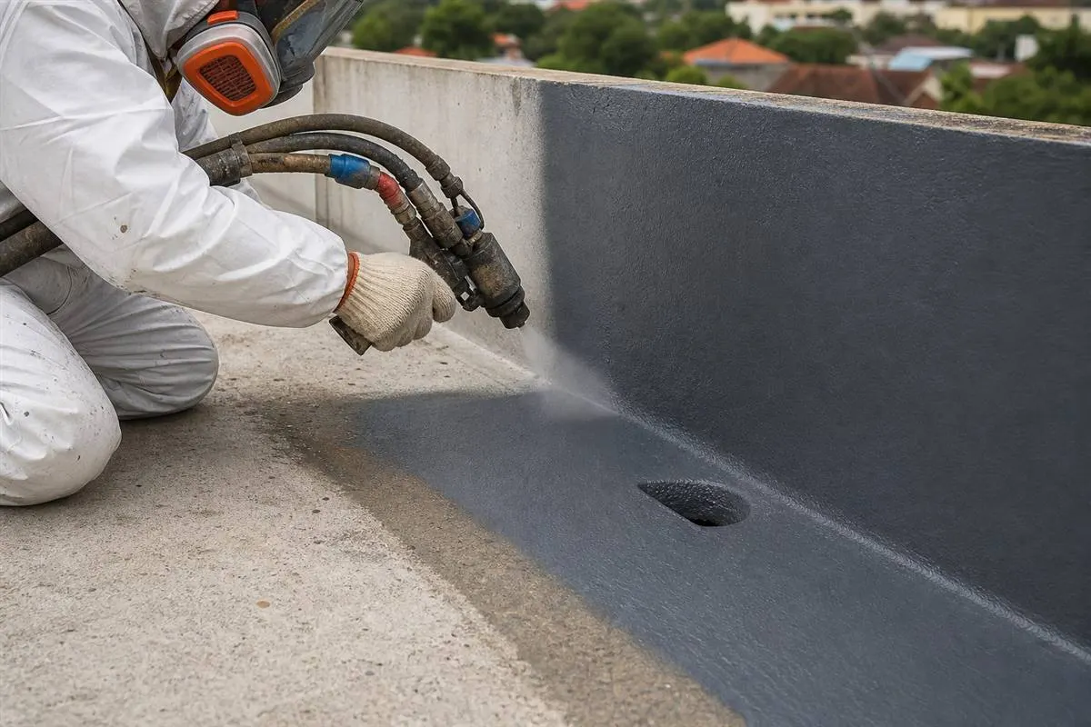 Ilustrasi detail aplikasi spray membrane pada pertemuan lantai dan parapet