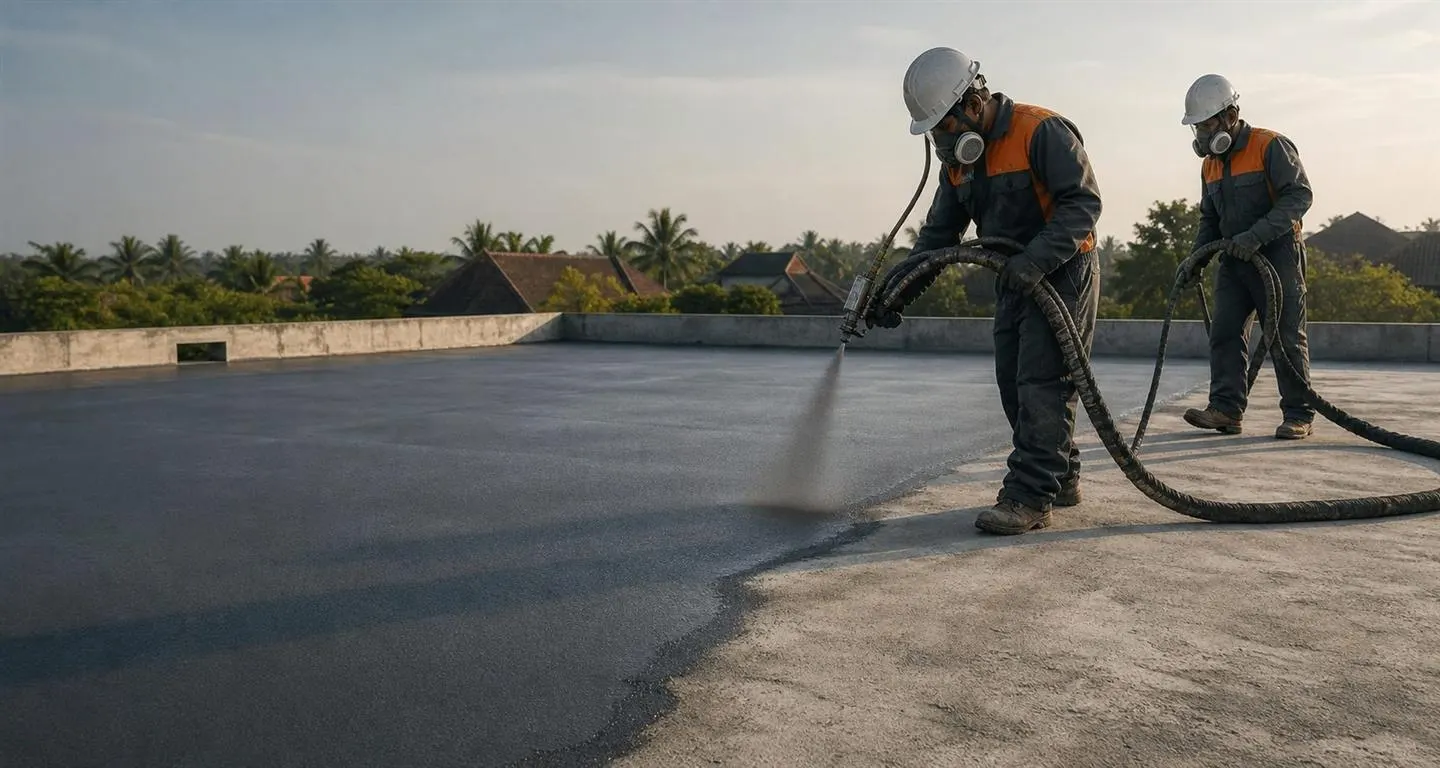 Ilustrasi aplikator menggunakan sistem spray waterproofing pada dak beton